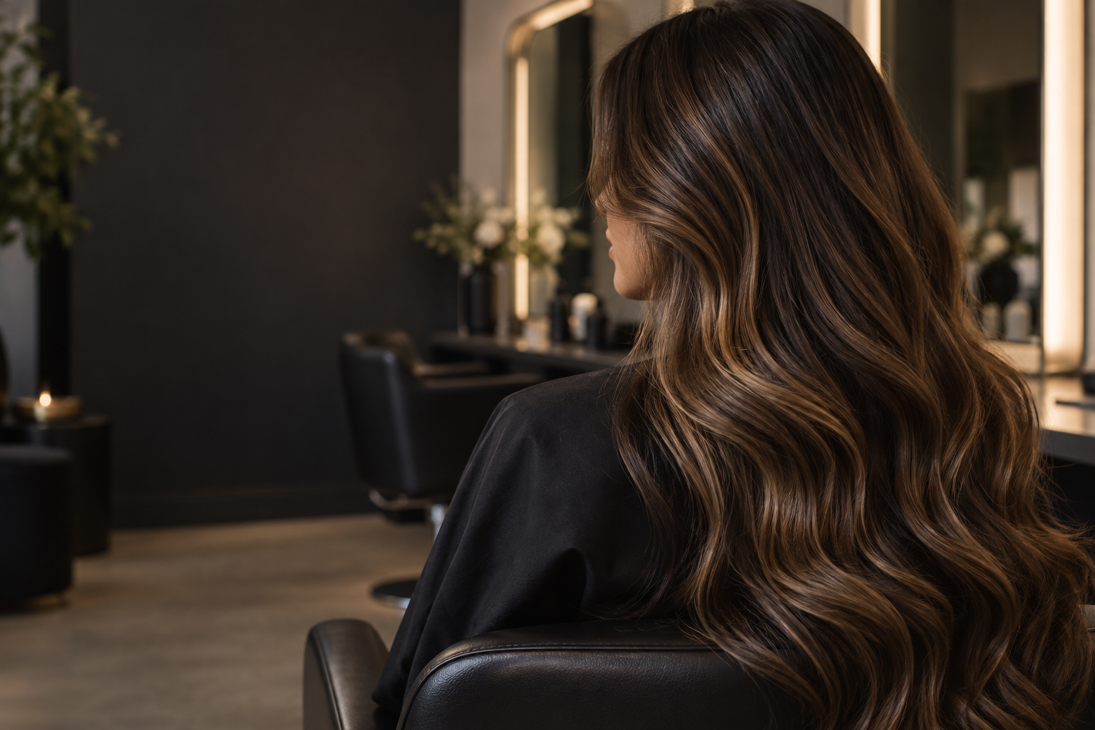Glossy dimensional brunette hair in a salon